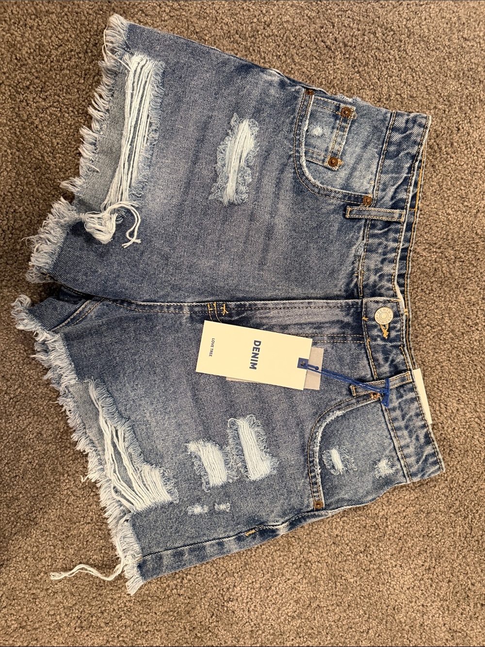 Love Tree Frayed Distressed High-Rise Denim Shorts - Medium Blue